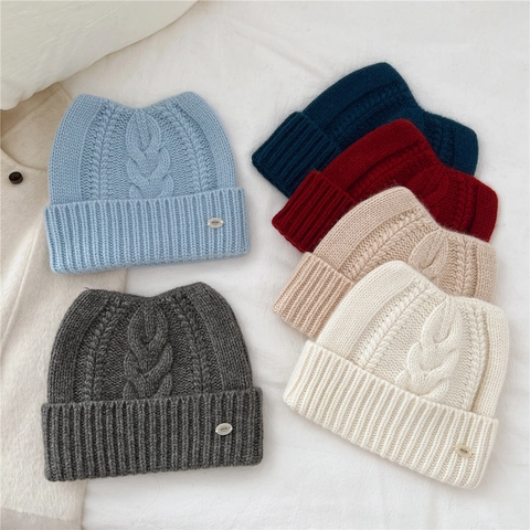 Cat Ear Knit Beanie Hat Wool Rabbit Hair Blend Cable Knit Thermal Warm Winter Folded Cuff Unisex