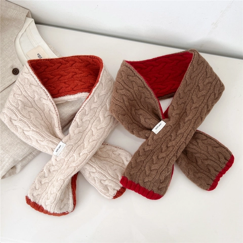 Pure Wool Neck Warmer Scarf Two-Tone Cable Knit Pull Through Bicolor Winter Thick Warm Fashion Accessories For Women