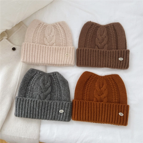 Cat Ear Knit Beanie Hat Wool Rabbit Hair Blend Cable Knit Thermal Warm Winter Folded Cuff Unisex