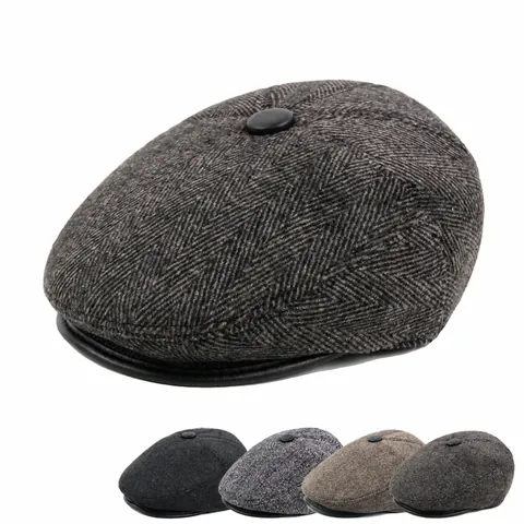 Men Winter Warm Forward Cap Woolen Herringbone With Ear Flaps Retro Ivy Flat Cap For Middle Aged Outdoor Casual Hat