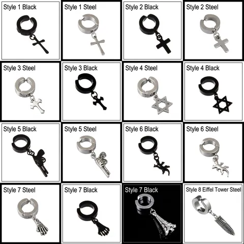 Non Pierced Ear Clips Stainless Steel Dangle Cross Star Gun Skull Hand Gecko Fishbone Punk Gothic Streetwear Jewelry