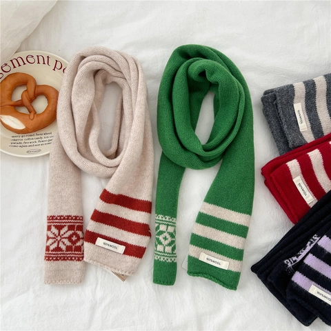 Sciarpa Lunga In Lana Maglia Righe Motivo Fiocco Di Neve Calda Inverno Stile Nordico Retrò Accessorio Chic Morbido
