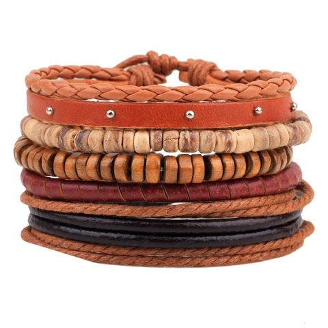 Bracciale in Pelle Intrecciata Multistrato Vintage per Uomo Perline di Legno Corda di Cera Regolabile Bohemian Etnico Tessuto a Mano Gioielli