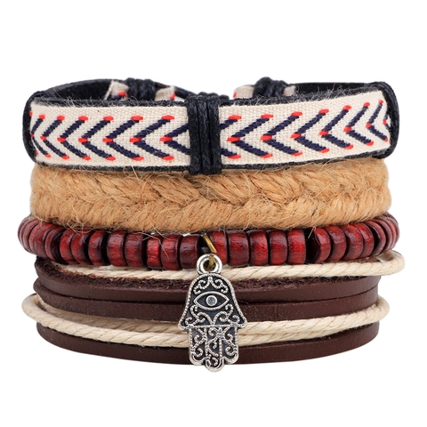 Bracciale in Pelle Multistrato Vintage Bohemien Ciondolo in Lega Mano di Fatima Perlina in Legno Bracciale Avvolgente Intrecciato a Mano