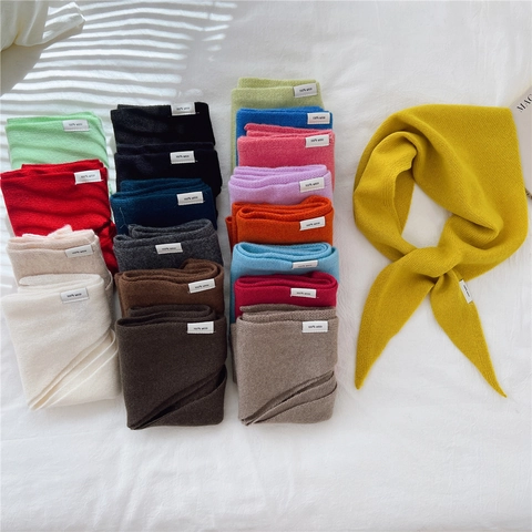 Solid Color 100% Wool Knitted Triangle Scarf Women Cross Over Insertion Design Soft Warm Autumn Winter Neck Warmer Bandana