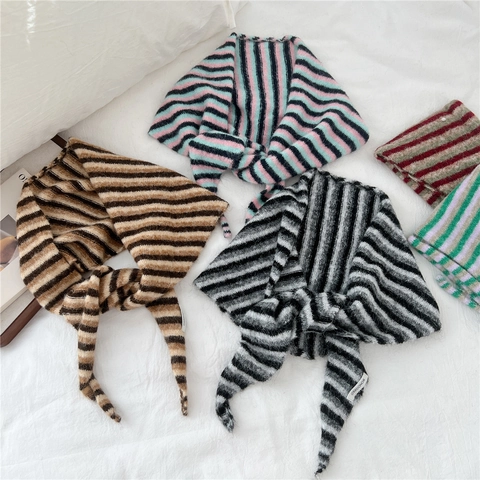 Three-Color Striped Knit Triangle Scarf Soft Warm Winter Neck Wrap For Women Casual Versatile Chic Accessory