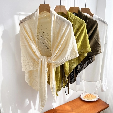 Women Knitted Hollow Out Triangular Shawl Solid Color Lightweight Breathable Scarf For Air Conditioned Room Casual