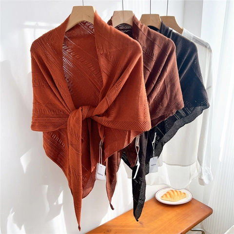 Women Knitted Hollow Out Triangular Shawl Solid Color Lightweight Breathable Scarf For Air Conditioned Room Casual