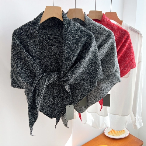 Women Wool Knitted Triangle Scarf Large Warm Shawl Tie Front Neckerchief Chic Casual Winter Wrap