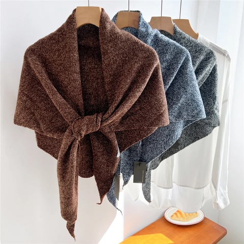 Women Wool Knitted Triangle Scarf Large Warm Shawl Tie Front Neckerchief Chic Casual Winter Wrap
