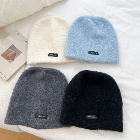 Gorro De Punto De Felpa De Color Sólido Invierno Cálido Estilo Mohair Grueso Minimalista Para Mujeres