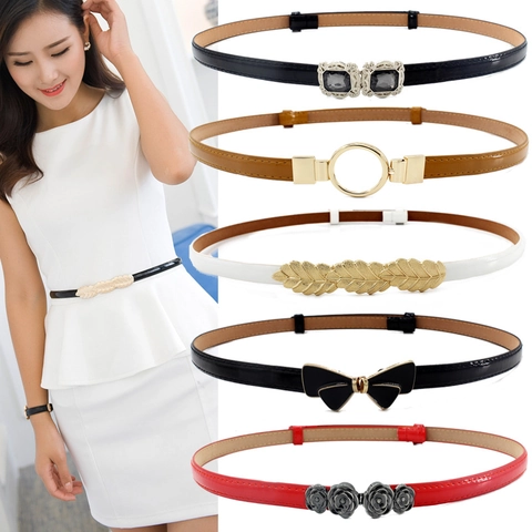 Damen Schmaler Taillengürtel PU Lackleder Verstellbar Ineinandergreifende Schnalle Dekoratives Kleid Accessoire Mode