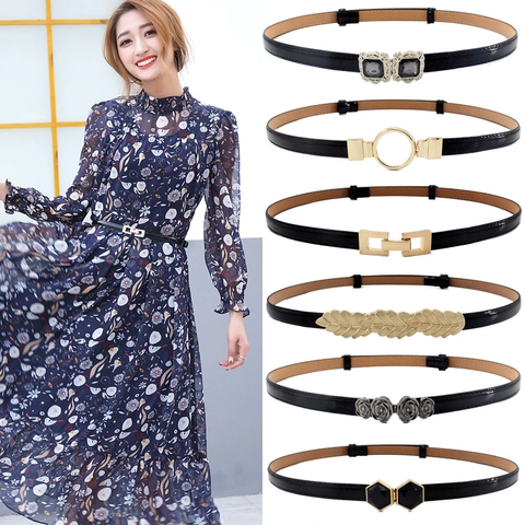 Damen Schmaler Taillengürtel PU Lackleder Verstellbar Ineinandergreifende Schnalle Dekoratives Kleid Accessoire Mode