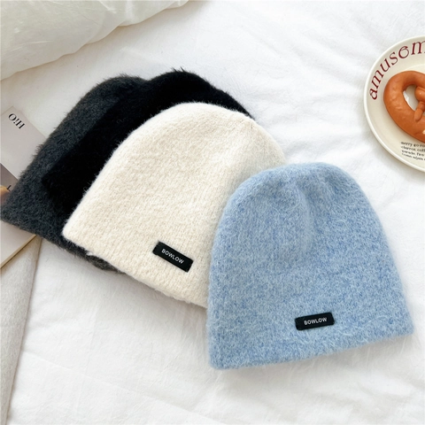 Gorro De Punto De Felpa De Color Sólido Invierno Cálido Estilo Mohair Grueso Minimalista Para Mujeres