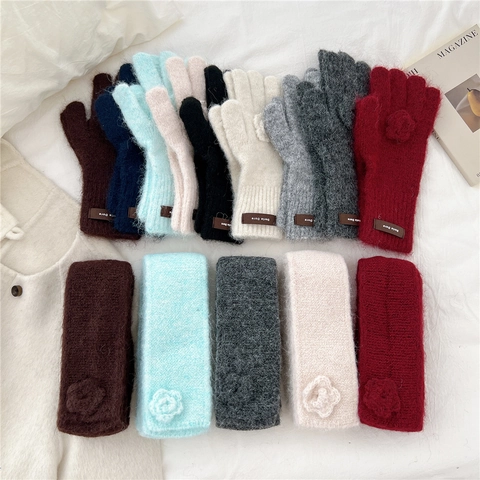 Winter Knitted Scarf And Gloves Soft Warm Mohair Style Solid Color With Rose Flower Decor Elegant All-Match