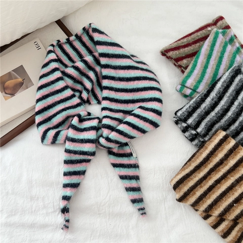 Three-Color Striped Knit Triangle Scarf Soft Warm Winter Neck Wrap For Women Casual Versatile Chic Accessory