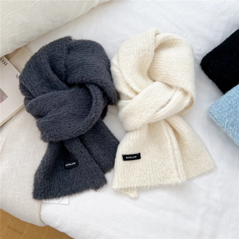 Bufanda De Punto Invierno Gruesa Cálida Mezcla De Lana Imitación Mohair Felpa Color Sólido Chic Suave Elegante