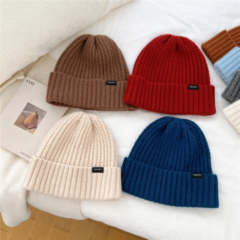Berretto Invernale Misto Lana Maglia A Costine Con Risvolto Caldo Unisex Tinta Unita Patch Esterno