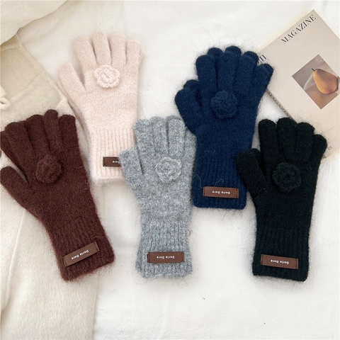 Winter Knitted Scarf And Gloves Soft Warm Mohair Style Solid Color With Rose Flower Decor Elegant All-Match
