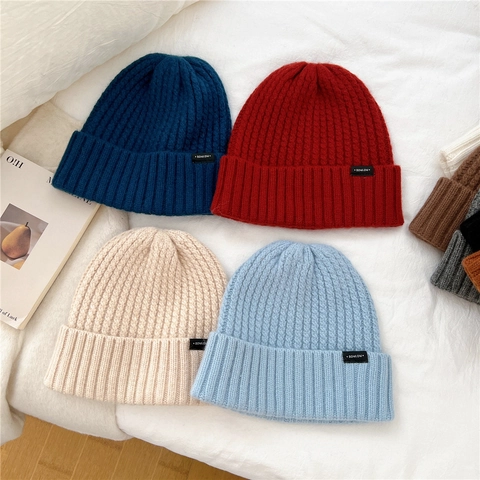 Berretto Invernale Misto Lana Maglia A Costine Con Risvolto Caldo Unisex Tinta Unita Patch Esterno