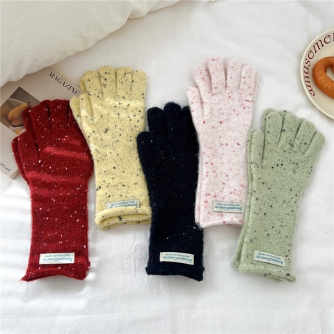 Guantes De Punto De Invierno Dedos Completos Cálidos Hilo Melange Confetti Suave Estilo Coreano Dulce Parche Decorativo Para Mujeres Niñas