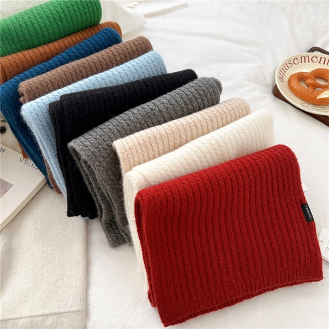 Wool Nylon Rabbit Hair Blend Knitted Scarf Solid Color Thick Ribbed Warm Long Winter Muffler Women