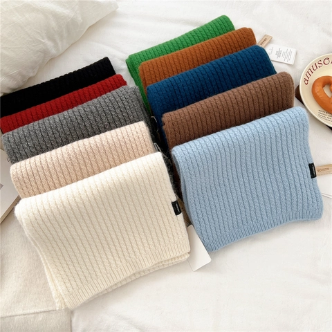 Wool Nylon Rabbit Hair Blend Knitted Scarf Solid Color Thick Ribbed Warm Long Winter Muffler Women