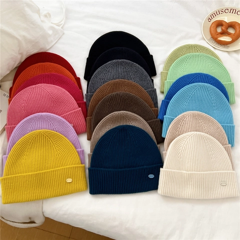 Wool Beanie Hat Ribbed Knit Warm Cuffed Solid Color Metal Decor Autumn Winter Accessory