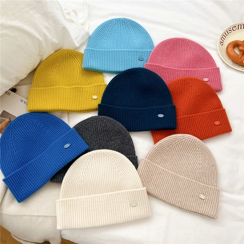Wool Beanie Hat Ribbed Knit Warm Cuffed Solid Color Metal Decor Autumn Winter Accessory