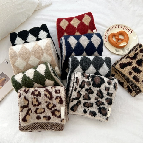 Argyle Leopard Print Knitted Scarf For Women Thick Warm Winter Soft Recycled Polyester Acrylic Wool Blend Vintage Chic
