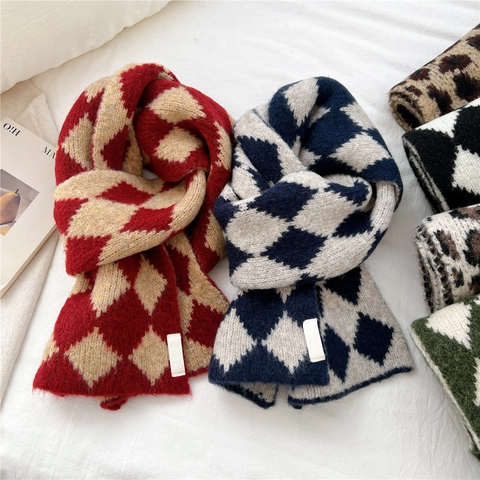 Argyle Leopard Print Knitted Scarf For Women Thick Warm Winter Soft Recycled Polyester Acrylic Wool Blend Vintage Chic