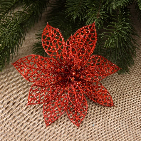 Kunstmatige Kerstbloem PVC Glitter Glinsterend Hol Ontwerp Voor Kerstboom Krans Decoratie Vakantie Ornament