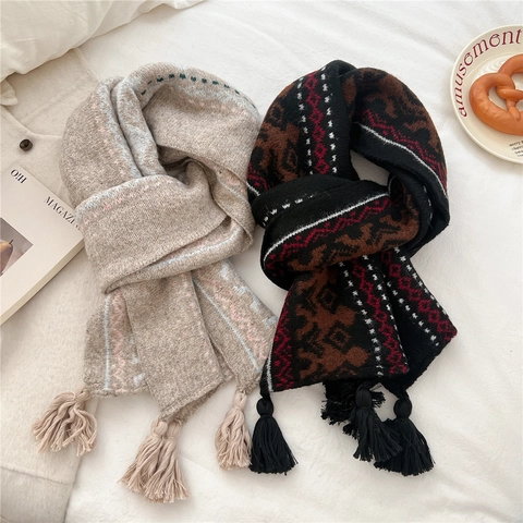 Women Winter Scarf Ethnic Geometric Jacquard Knitted Thickened Warm Soft Neck Wrap With Tassels Retro Style