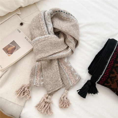 Women Winter Scarf Ethnic Geometric Jacquard Knitted Thickened Warm Soft Neck Wrap With Tassels Retro Style