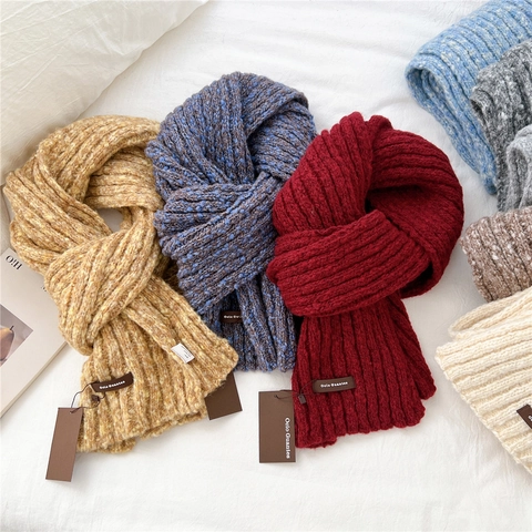 Écharpe Tricotée Polyester Épaisse Chaude Côtelée Chinée Style Hiver Tour De Cou Femmes Hommes Étiquette Cuir