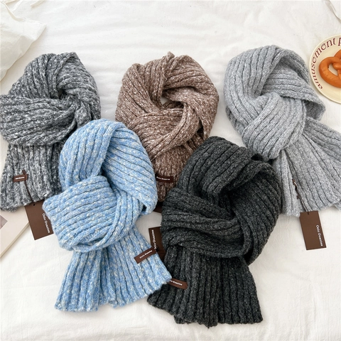 Écharpe Tricotée Polyester Épaisse Chaude Côtelée Chinée Style Hiver Tour De Cou Femmes Hommes Étiquette Cuir