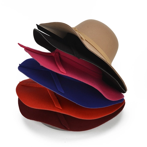 Sombrero Fedora Para Mujer Ala Ancha Estilo Fieltro De Lana Copa Redonda Color Sólido Decoración Lazo Elegante Accesorio