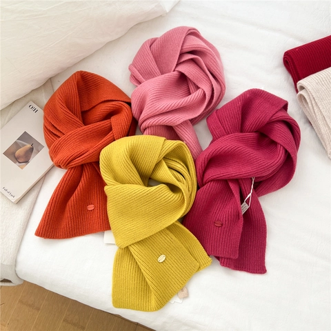 Wool Ribbed Knit Scarf Solid Color Soft Warm Thick Winter Neck Warmer Decorative Button Chic Women Men