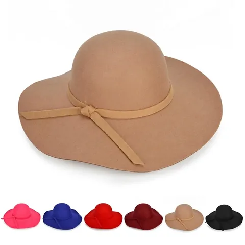 Sombrero Fedora Para Mujer Ala Ancha Estilo Fieltro De Lana Copa Redonda Color Sólido Decoración Lazo Elegante Accesorio