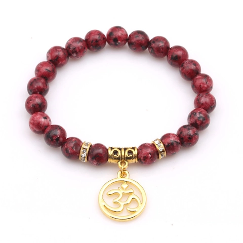 Handmade Natural Stone Beaded Bracelet With Alloy Hamsa Hand Om Symbol Rhinestone Pendants Vintage Boho Yoga Jewelry
