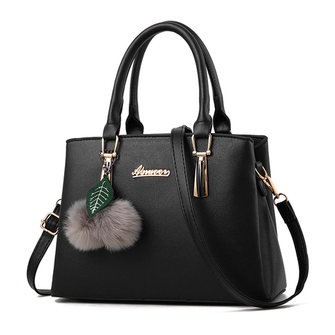Borsa da Donna in Pelle PU con Ciondolo a Pompon e Foglia Borsa a Tracolla di Grande Capacità Borsa a Mano Versatile
