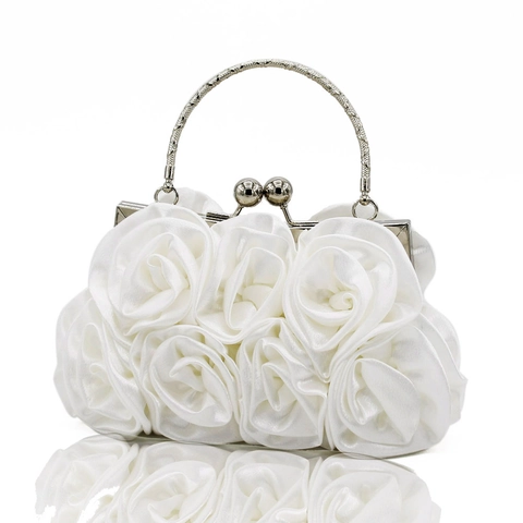 Evening Bag Satin 3D Rose Flower Hand Sewn Clutch Handbag Wedding Bridal Party Metal Hoop Handle Kiss Lock With Chain