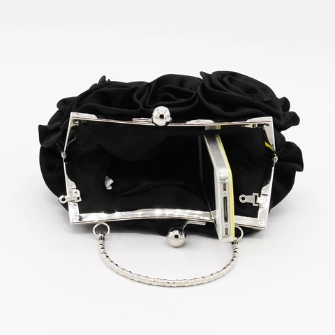 Elegant 3D Rose Floral Evening Bag Satin Clutch Handbag With Metal Handle Kiss Lock For Wedding Party Formal Event Women