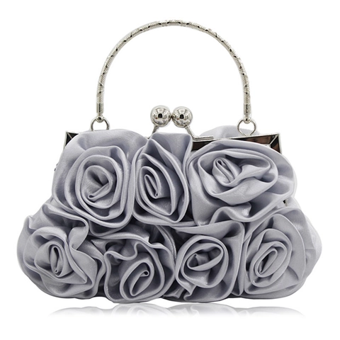 Evening Bag Satin 3D Rose Flower Hand Sewn Clutch Handbag Wedding Bridal Party Metal Hoop Handle Kiss Lock With Chain