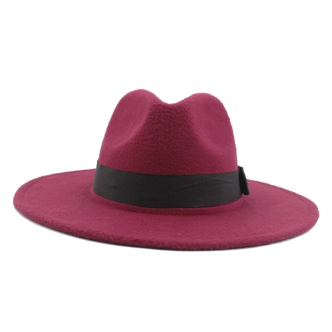 Retro Wide Brim Fedora Hat Woolen Felt Jazz Cap With Ribbon Bow Solid Color British Style