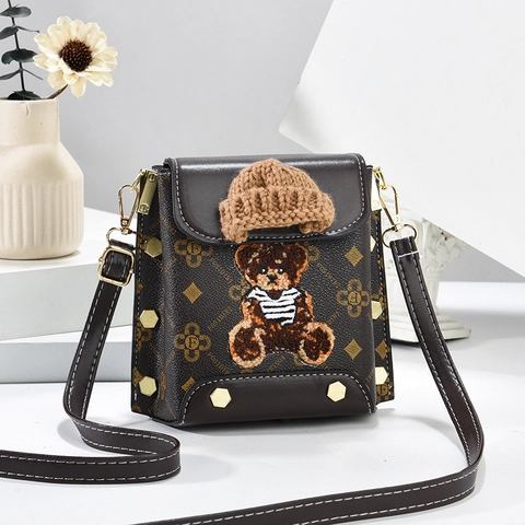 Retro Small Square Shoulder Bag PU Leather Cute Bear Patch Mini Knitted Hat Monogram Crossbody Phone Purse For Women