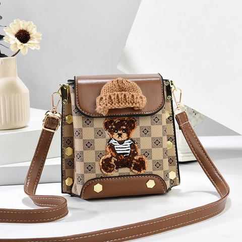 Retro Small Square Shoulder Bag PU Leather Cute Bear Patch Mini Knitted Hat Monogram Crossbody Phone Purse For Women