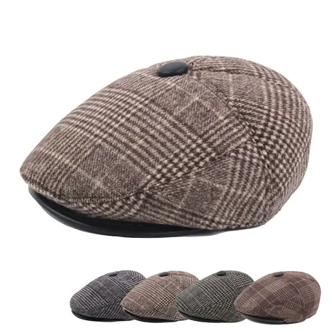 Herren Karo Schiebermütze Winter Warm Wollmischung Ivy Hut Mit Ausklappbarem Ohrenschutz Gestepptes Futter Vintage