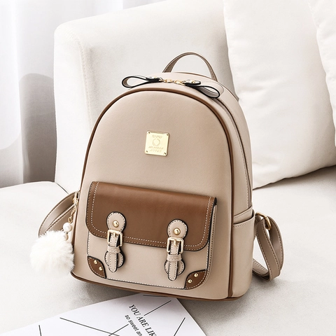 Mochila De Moda Para Mujer Cuero PU Gran Capacidad Color De Contraste Mochila De Viaje Informal Con Pompón Y Lazo