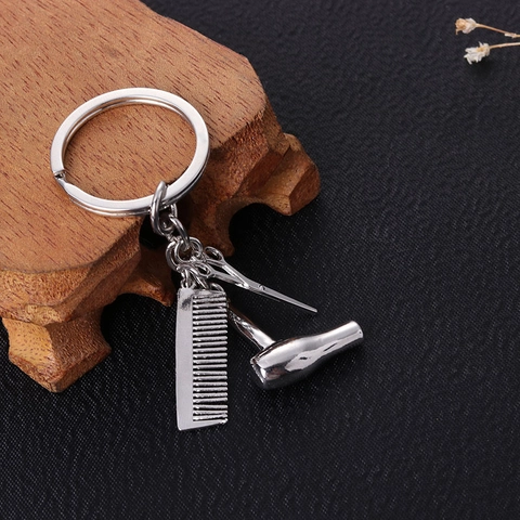 Hairdresser Keychain Zinc Alloy Mini Blow Dryer Comb And Scissors Pendants Stylist Gift Polished Metal Accessory